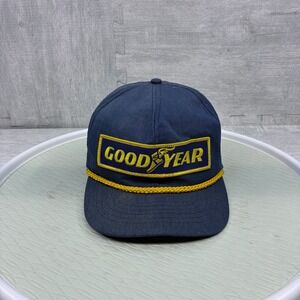 Vintage Goodyear Racing Hat Cap Snapback Yellow Navy Blue Rope Trucker